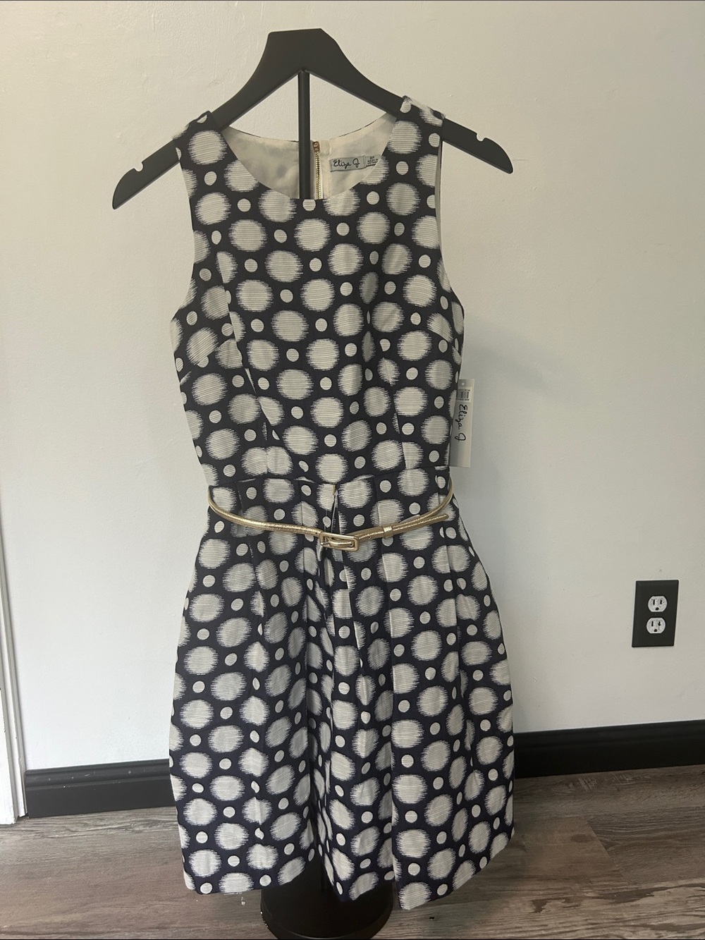 Eliza J Navy and White Polka Dot Fit-and-Flare Dress with Gold Belt